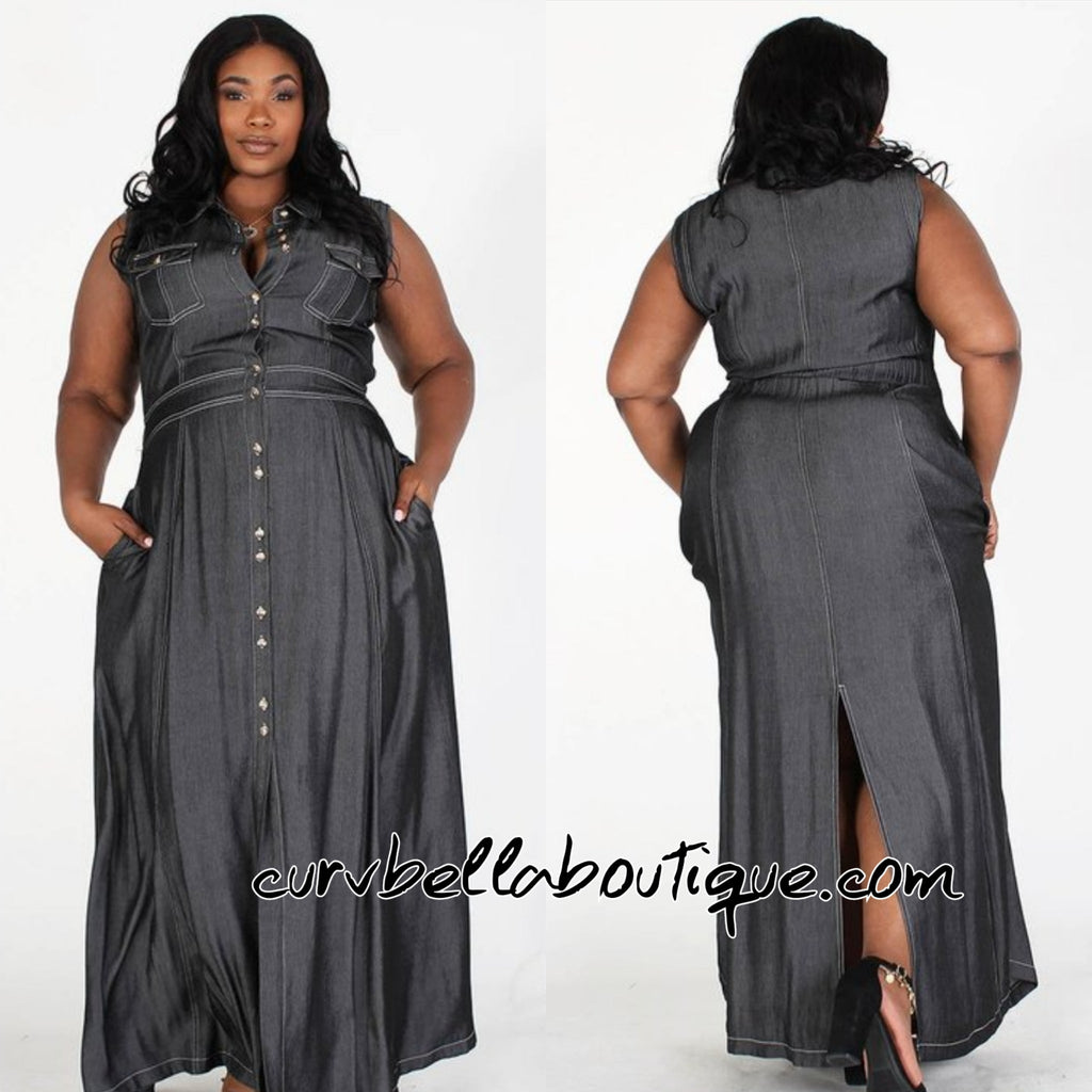 Sleeveless Denim Buttondown Maxi